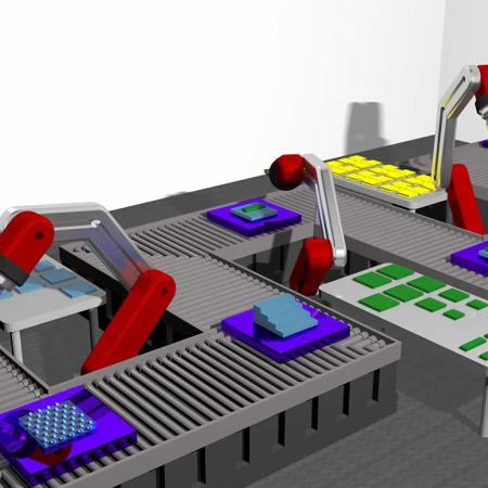 A conceptual rendering of “robots” stacking thin films on an assembly line.